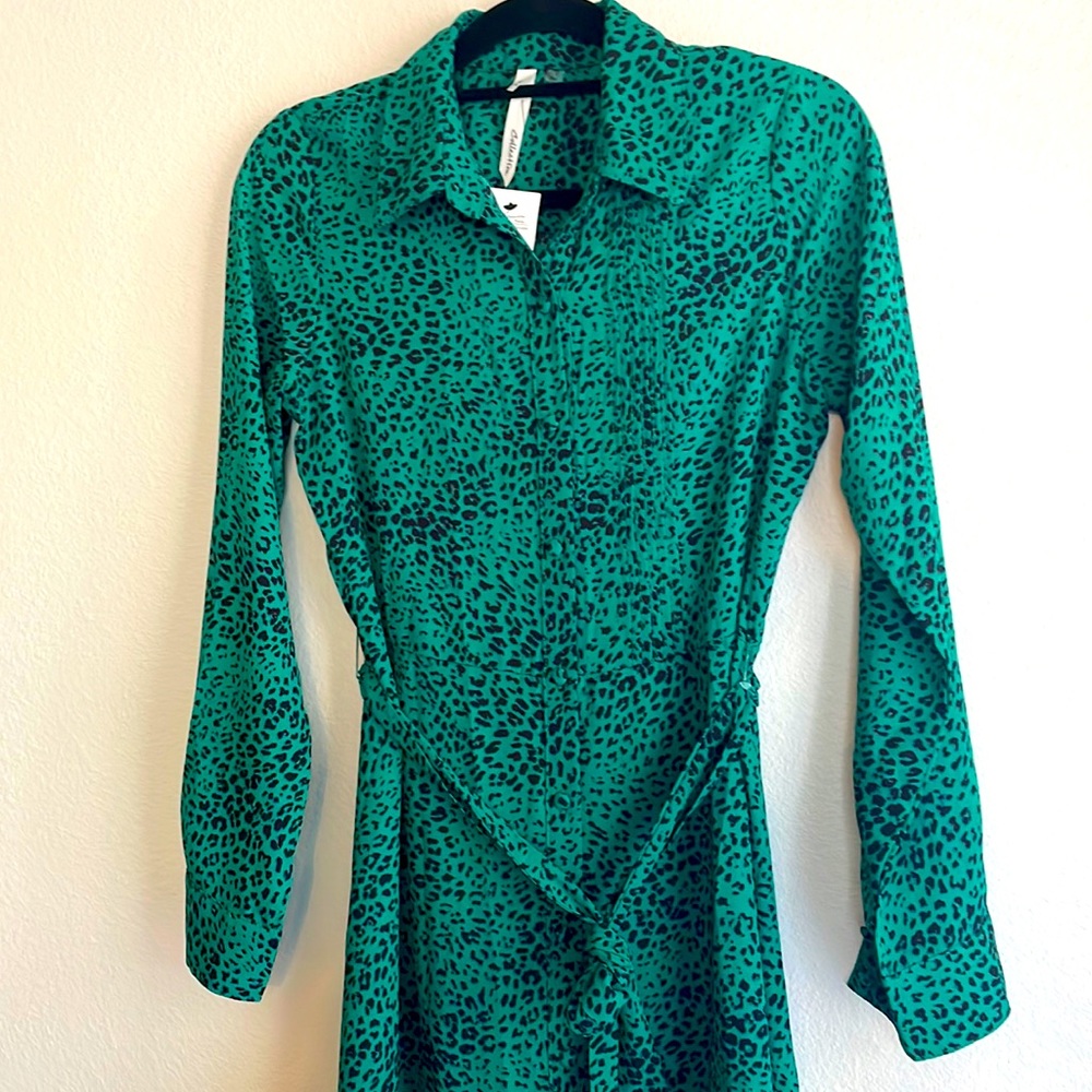 Button Front Green Leopard Dress